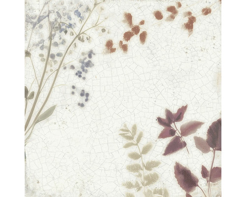 Carreau carré avec effet craquelé et motif botanique de feuilles et petites fleurs dans un style vintage.