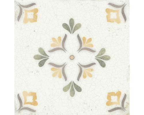 Carreau de céramique de style vintage avec motif floral et effet craquelé.