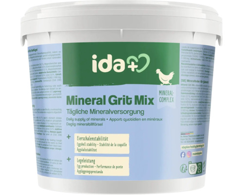 Weißer Eimer ida Mineral-Grit-Mix für Geflügel, tägliche Mineralversorgung zur Förderung der Eierschalenstabilität und Legeleistung.