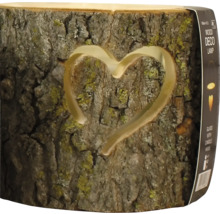 Holz-Dekoleuchte mit Herz-Ausschnitt aus Naturholz mit Baumrinde.