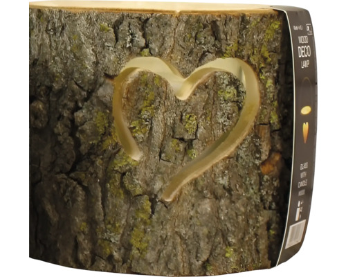 Holz-Dekoleuchte mit Herz-Ausschnitt aus Naturholz mit Baumrinde.