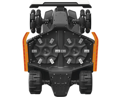 Vue de dessous d'un robot tondeuse avec deux plateaux de coupe, des lames et des roues motrices profilées.