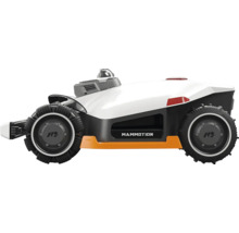 Robot tondeuse Mammotion à quatre roues motrices avec pneus profilés pour terrains difficiles.