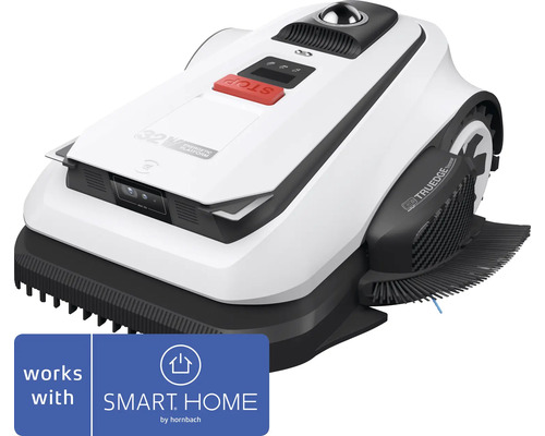 Mähroboter mit Kantentrimmer und Kamerasensor, SMART HOME by hornbach Logo.