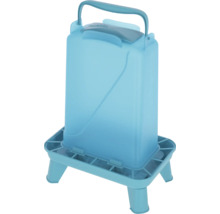 Abreuvoir bleu pour volailles en plastique avec pieds et poignée de transport.