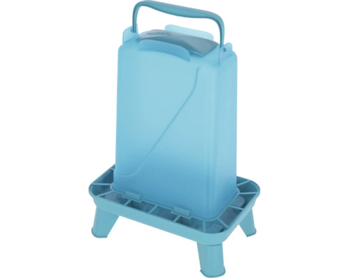 Abreuvoir bleu pour volailles en plastique avec pieds et poignée de transport.