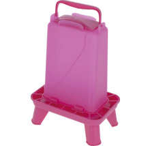 Abreuvoir pour volaille rose en plastique avec poignée de transport et pieds.