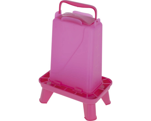 Abreuvoir pour volaille rose en plastique avec poignée de transport et pieds.