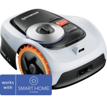 Robot tondeuse Segway Navimow avec roues orange, molette de réglage, caméra et logo Smart Home by Hornbach.