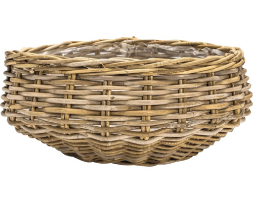 Panier à plantes rond en osier tressé avec film plastique intérieur.
