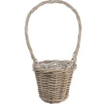 Geflochtener Pflanzkorb aus Weide mit hohem Henkel und Kunststoffeinlage.