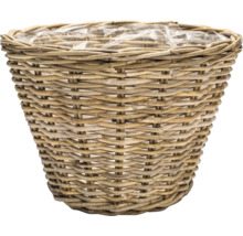 Panier à plantes rond en osier tressé brun avec film plastique à l'intérieur.