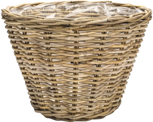 Panier à plantes rond en osier tressé brun avec film plastique à l'intérieur.