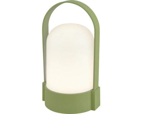 Lampe à poser LED portable avec socle vert et anse de transport.