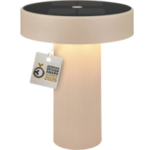 Lampe de table solaire beige moderne avec socle nervuré et panneau solaire intégré, lauréate du German Design Award 2026.
