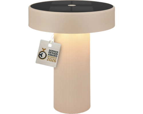 Lampe de table solaire beige moderne avec socle nervuré et panneau solaire intégré, lauréate du German Design Award 2026.