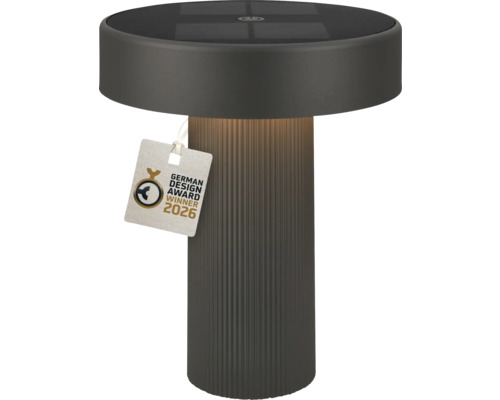 Lampe de table solaire moderne anthracite avec socle strié et distinction German Design Award Winner 2026.