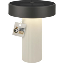 Lampe de table solaire cylindrique avec base blanche striée et partie supérieure foncée, sceau German Design Award Winner 2026.