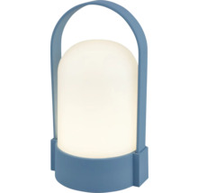 Lampe de table LED portable avec poignée et socle bleus et abat-jour en plastique blanc mat.