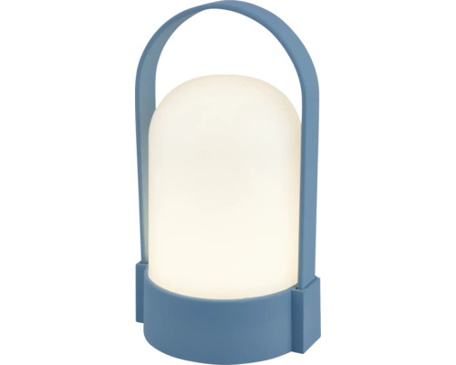 Lampe de table LED portable avec poignée et socle bleus et abat-jour en plastique blanc mat.
