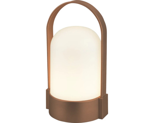 Lampe de table à LED portative avec poignée marron et abat-jour en plastique blanc pour l'extérieur.