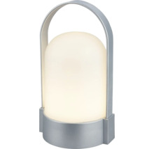 Lampe de table LED portable avec diffuseur en plastique blanc et anse en métal argenté.
