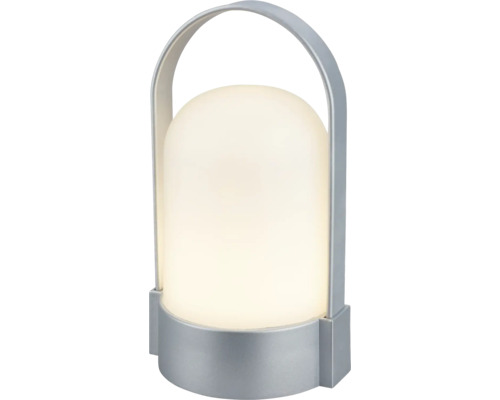 Lampe de table LED portable avec diffuseur en plastique blanc et anse en métal argenté.