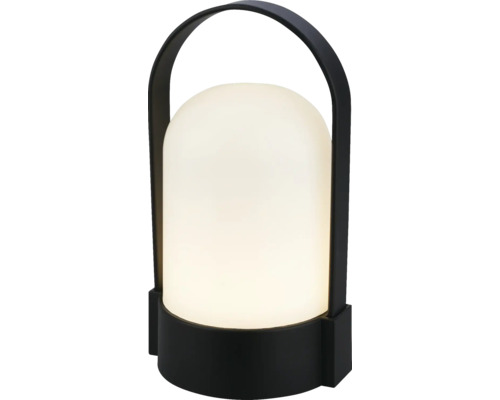Lampe de table portable moderne avec socle et poignée noirs et dôme lumineux blanc translucide.
