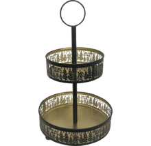Zweistöckige Etagere aus Metall in Schwarz und Gold mit weihnachtlichen Motiven und rundem Tragegriff.