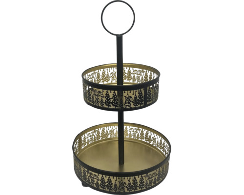 Zweistöckige Etagere aus Metall in Schwarz und Gold mit weihnachtlichen Motiven und rundem Tragegriff.