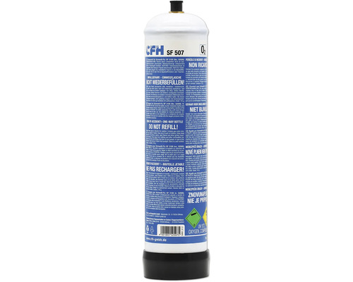 Bouteille d'oxygène jetable CFH SF 507 pour Schweiß-Fix SF 3100, contenu 145 grammes, avec symboles d'avertissement, CFH Logo et code-barres.