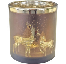 Windlicht aus Glas mit Hirsch-Motiv und glänzender Innenbeschichtung.