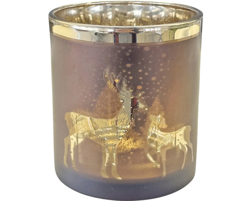 Windlicht aus Glas mit Hirsch-Motiv und glänzender Innenbeschichtung.