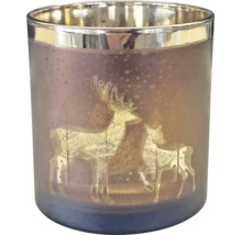 Windlicht aus Glas mit Hirsch-Motiv und glänzendem Rand, winterliche Dekoration für Teelichter.