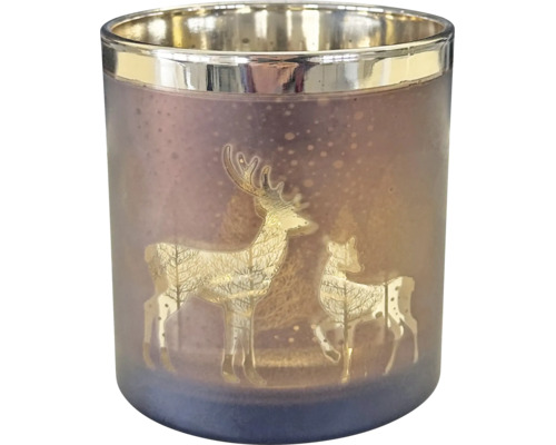 Windlicht aus Glas mit Hirsch-Motiv und glänzendem Rand, winterliche Dekoration für Teelichter.