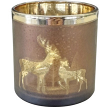 Windlicht aus Glas mit goldenem Hirschmotiv und Goldrand