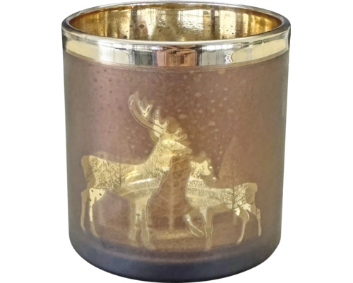 Windlicht aus Glas mit goldenem Hirschmotiv und Goldrand