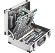 Mallette à outils ouverte en aluminium avec un ensemble complet d'outils, comprenant un marteau, des pinces, des clés et des douilles.