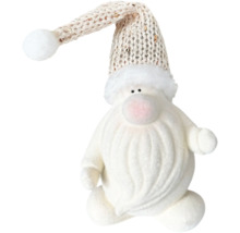 Plüsch-Weihnachtsmannfigur mit weißem Bart und gestrickter Paillettenmütze.