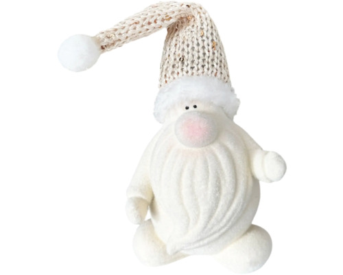 Plüsch-Weihnachtsmannfigur mit weißem Bart und gestrickter Paillettenmütze.