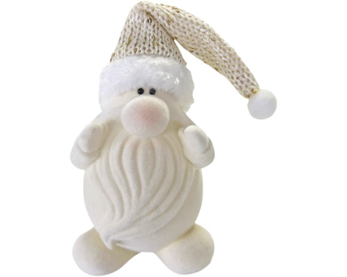Weiße Weihnachtsmann Dekofigur aus Plüsch mit Strickmütze und langem Bart.