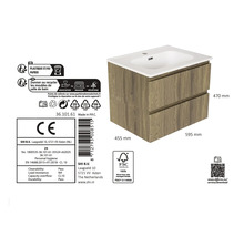 Meuble sous-vasque aspect bois, deux tiroirs, lavabo blanc, bois de forêts gérées durablement, 595 par 455 par 470 millimètres.