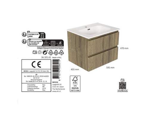 Meuble sous-vasque aspect bois, deux tiroirs, lavabo blanc, bois de forêts gérées durablement, 595 par 455 par 470 millimètres.