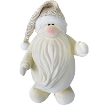 Weisse Dekofigur Weihnachtsmann aus weichem Material mit langem Bart und Strickmütze mit Pailletten.