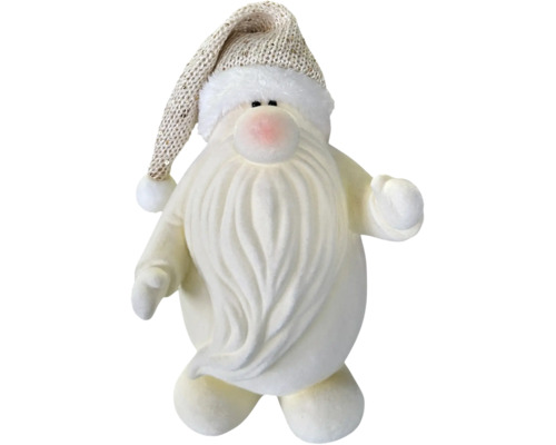 Weisse Dekofigur Weihnachtsmann aus weichem Material mit langem Bart und Strickmütze mit Pailletten.