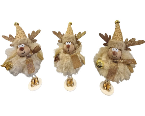 Drei plüschige Rentier-Weihnachtsfiguren in Gold-Optik mit glitzernden Geweihen, Hüten, Schals und Stiefeln.