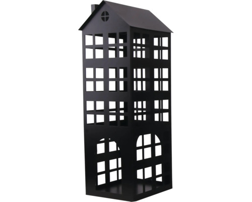 Photophore noir en métal en forme de maison haute avec toit à pignon et découpes de fenêtres.