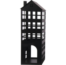 Maison décorative en métal noir avec découpes de fenêtres et cheminée.