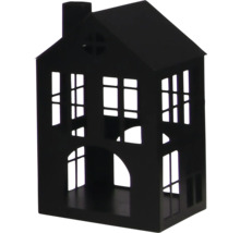 Maison décorative en métal noir avec découpes de fenêtres et cheminée.