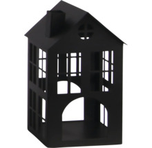 Maison décorative en métal noir avec découpes de fenêtres et cheminée.